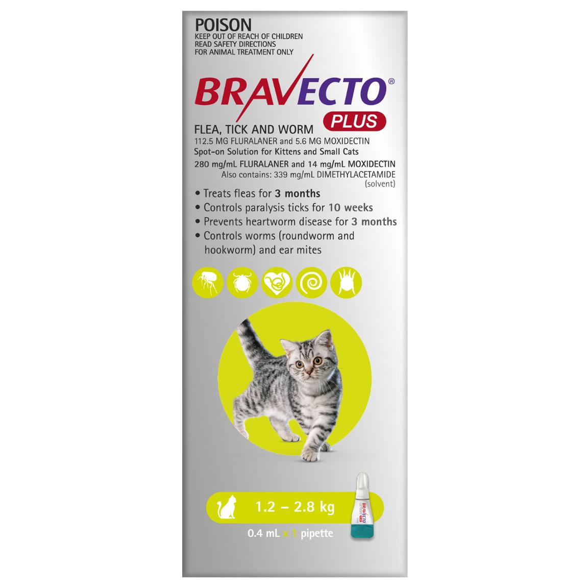 Bravecto Plus Flea, Tick & Worming Treatment 1.2-2.8kg Cat