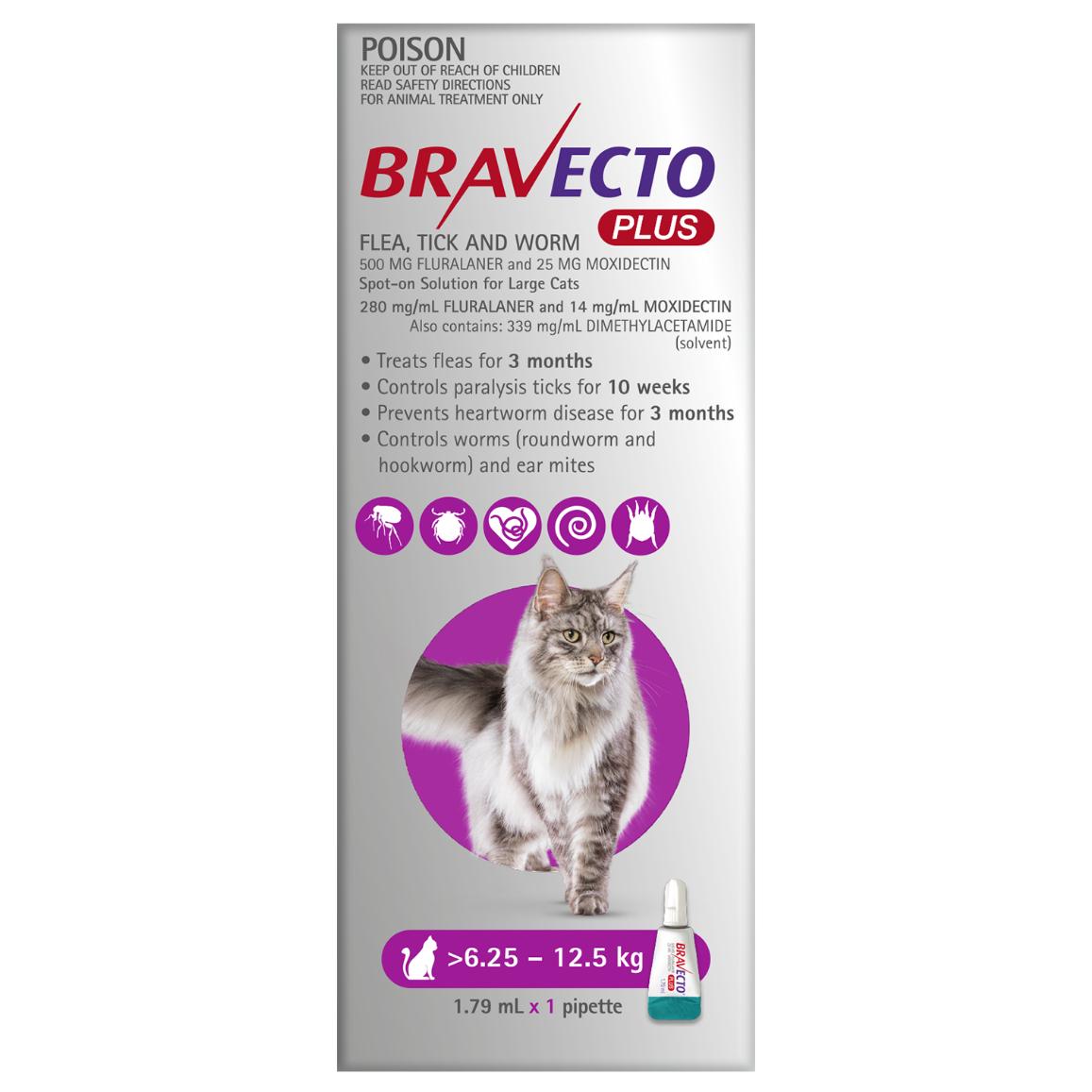 Bravecto Plus Flea, Tick & Worming Treatment 6.25-12.5kg Cat