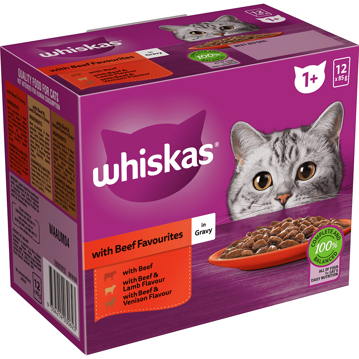 Whiskas Adult Beef in Gravy Variety Pack Pouched Wet Cat Food 12x85gm