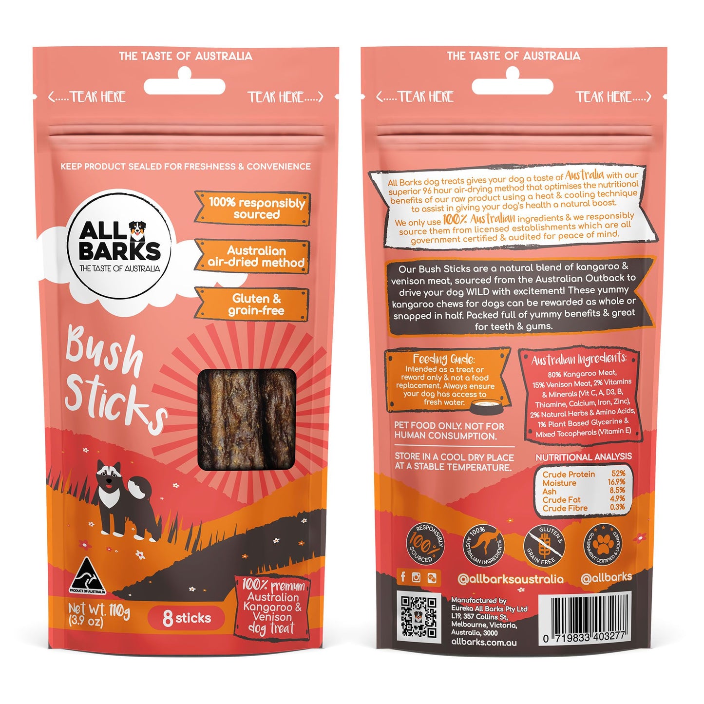 All Barks Venison & Kangaroo Bush Stick Dog Treats