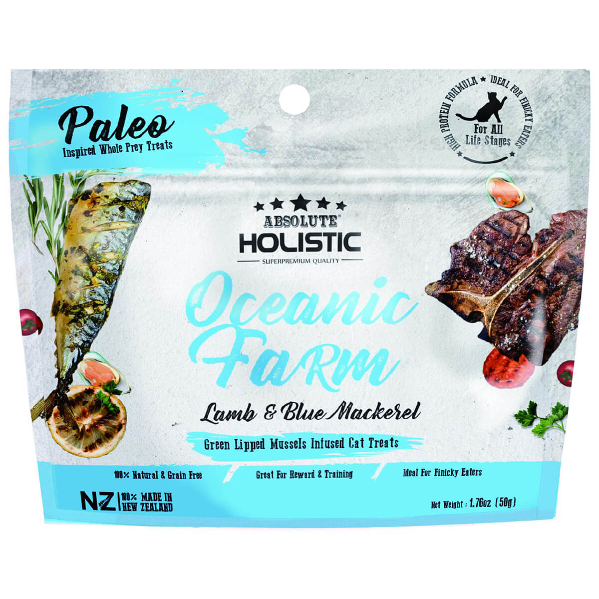 Absolute Holistic Oceanic Farm Blue Maceral & Lamb Air Dried Cat Treats 50g