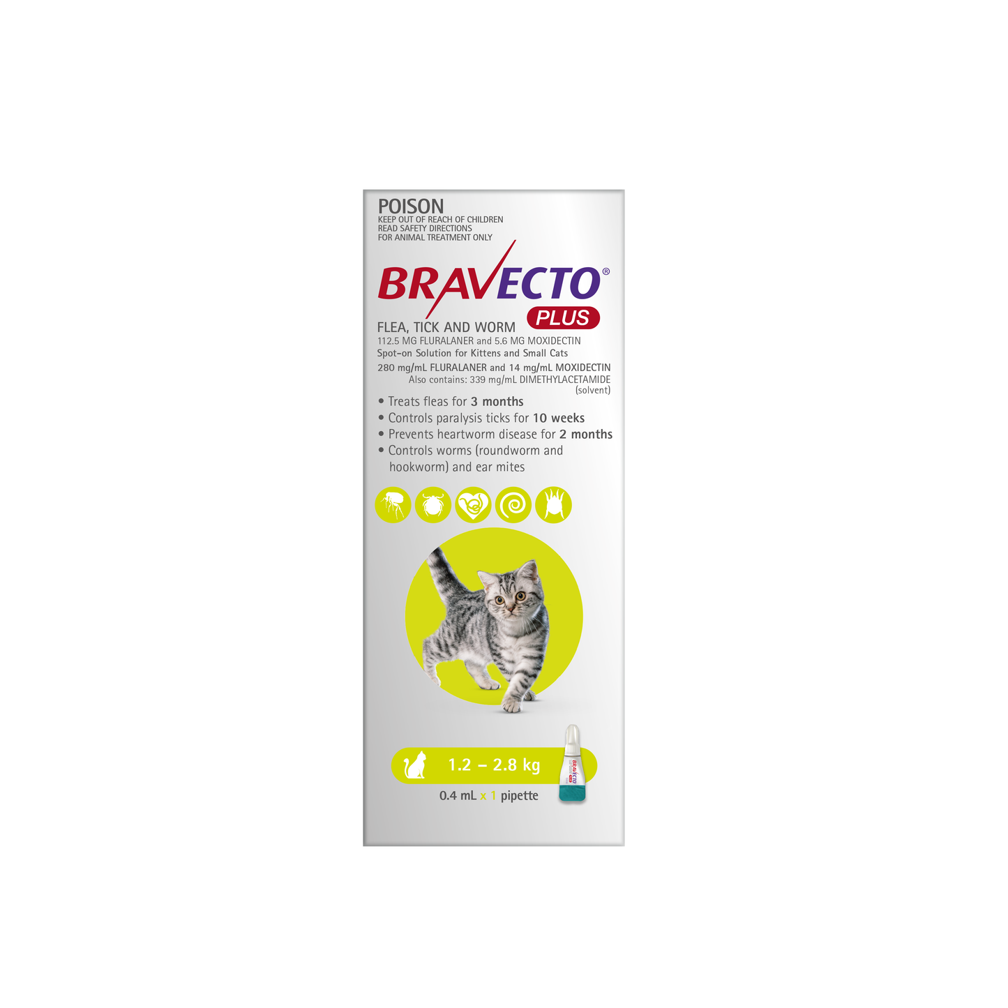 Bravecto Plus Flea, Tick & Worming Treatment 1.2-2.8kg Cat