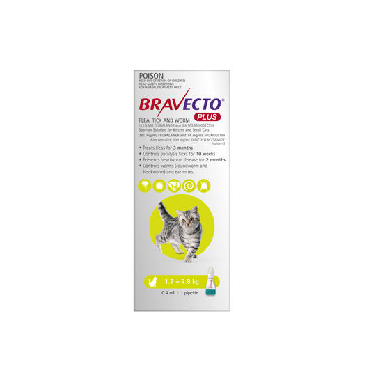 Bravecto Plus Flea, Tick & Worming Treatment 1.2-2.8kg Cat