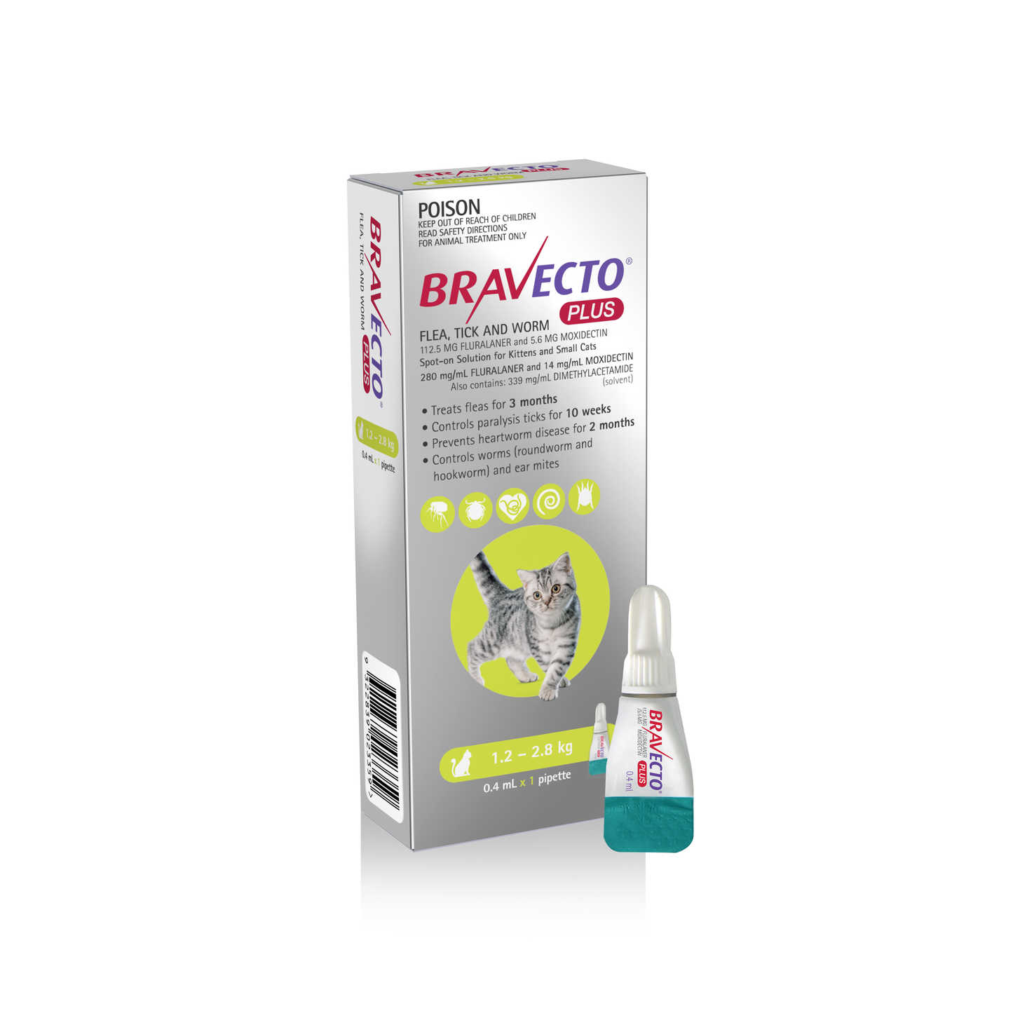 Bravecto Plus Flea, Tick & Worming Treatment 1.2-2.8kg Cat