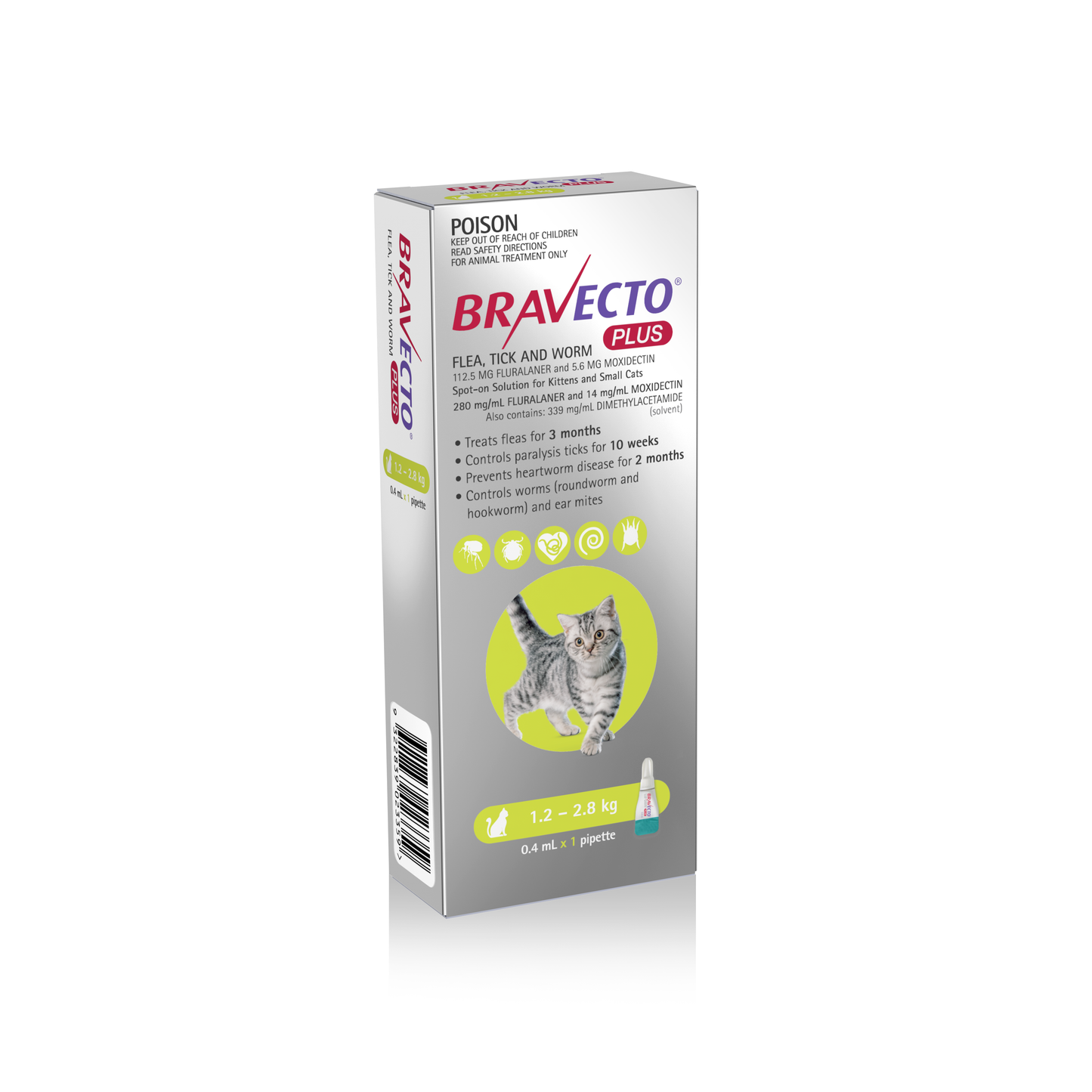 Bravecto Plus Flea, Tick & Worming Treatment 1.2-2.8kg Cat