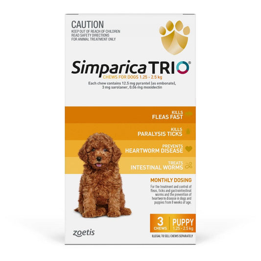 Simparica Trio Yellow For Puppy Dogs 1.25-2.5kg 3pk