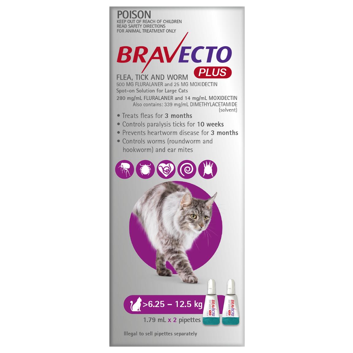 Bravecto Plus Flea, Tick & Worming Treatment 6.25-12.5kg Cat